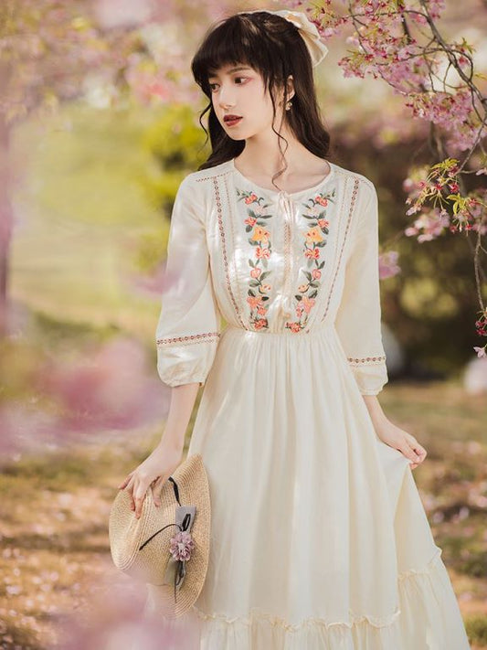 Jolene | Linen Mid Length Sleeve Dress | Pre-Autumn Cottage Core