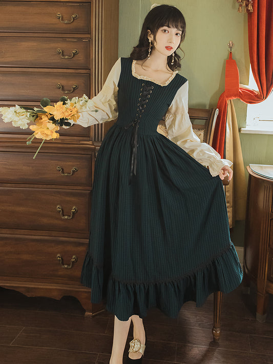 Ella | Corset Style Square Neck Midi Dress | Available in Dark Green & Burgundy | Autumn Dress