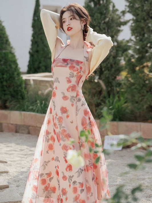 Rosie | Sleeveless Tie around neck Dress with Light Knit Outer | 2 pieces set